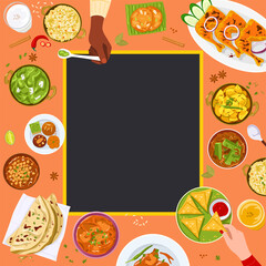 Top view of Indian food with copy space.