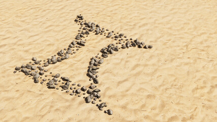 Concept conceptual stones on beach sand handmade symbol shape, golden sandy background, cancer zodiac sign. 3d illustration symbol for  esoteric, the mystic, the power of prediction of astrology