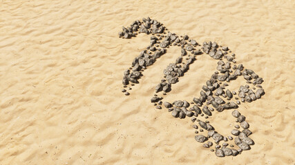Concept conceptual stones on beach sand handmade symbol shape, golden sandy background, virgo zodiac sign. 3d illustration symbol for  esoteric, the mystic, the power of prediction of astrology