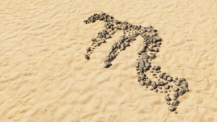 Concept conceptual stones on beach sand handmade symbol shape, golden sandy background, scorpio zodiac sign. 3d illustration symbol for  esoteric, the mystic, the power of prediction of astrology