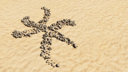Concept conceptual stones on beach sand handmade symbol shape, golden sandy background, pisces zodiac sign. 3d illustration symbol for  esoteric, the mystic, the power of prediction of astrology