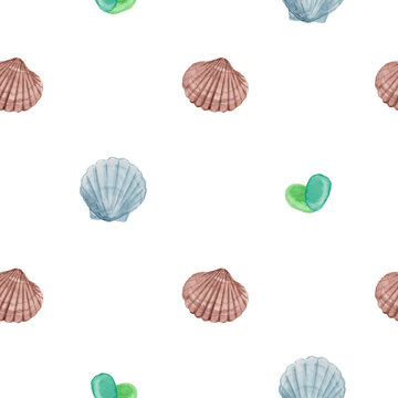 Simple watercolor seamless pattern with shells, scallops, sea glasses on a white background. Hand-drawn summer, tropical, marine design for paper, wrapping, fabrics, curtains, bedding, clothing, print