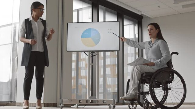 Wide shot of handicapped Caucasian businesswoman sitting in wheelchair and her mixed-race female coworker standing near interactive screen and introducing their business idea