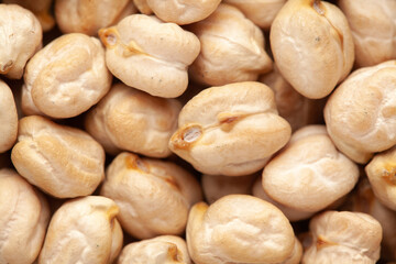 micro Close up of Organic small chhole chana or Kabuli chana (Cicer arietinum) or whole white Bengal gram dal Full-Frame Background. Top View