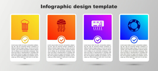 Set Wooden beer mug, Jellyfish, Air conditioner and Rubber swimming ring. Business infographic template. Vector