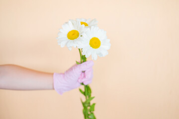 a hand in a rubber glove holds a bouquet of flowers on a light background copy space