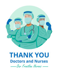 Frontline heroes, Illustration of doctors and nurses characters wearing masks. Vector