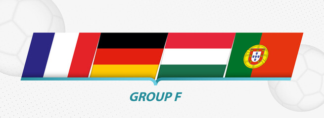 Group F participants of European football competition on abstract soccer background.