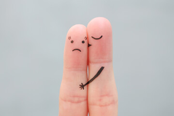 Fingers art of couple. Concept of woman doesn't like the man who loves her.