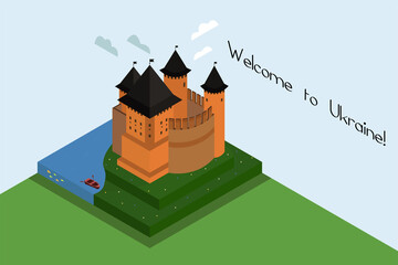 Khotyn Fortress. Isometric illustration. Colorful postcard. Orange fortress with a wall, a blue river with a boat. Glade with tiny flowers, clouds. Welcome to Ukraine