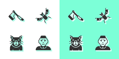 Set Priest, Wooden axe, Cat and Flying bat icon. Vector