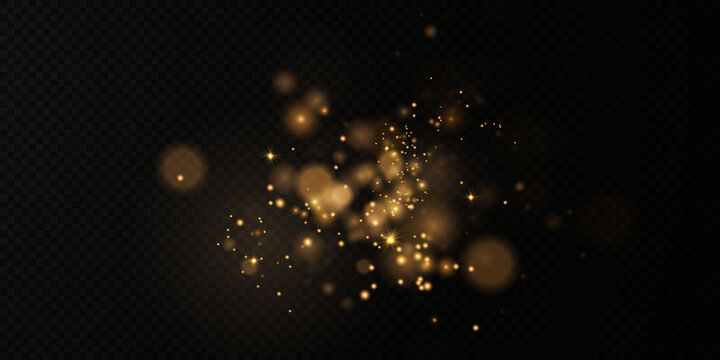 Glittering particles of fairy dust. Magic concept. Abstract festive background. Christmas background. Space background. Gold dust PNG.	