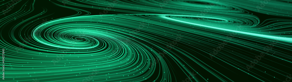 Poster Abstract modern ultra wide background with smooth swirl lines creating vortex structures in a complex data stream. 3D rendering.