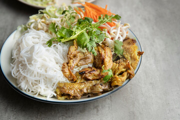 Bun cha salad bowl. Vietnamese rice noodle grilled with pork and Mung Bean Sprouts