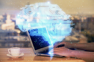 Multi exposure of woman hands working on computer and human brain hologram drawing. Ai tech concept.