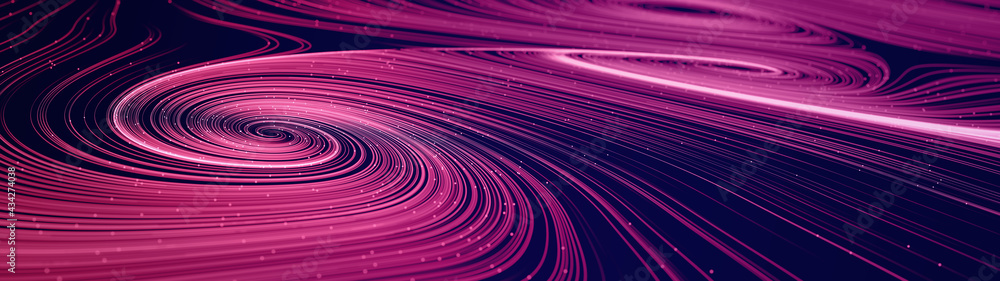 Poster Abstract modern ultra wide background with smooth swirl lines creating vortex structures in a complex data stream. 3D rendering.