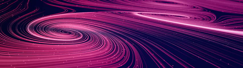 Abstract modern ultra wide background with smooth swirl lines creating vortex structures in a complex data stream. 3D rendering.