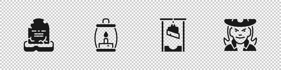 Set Tombstone with RIP written, Camping lantern, Guillotine and Witch icon. Vector