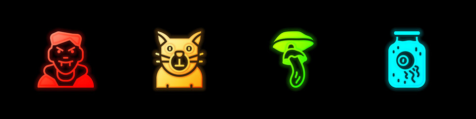 Set Vampire, Cat, Psilocybin mushroom and Eye jar icon. Vector
