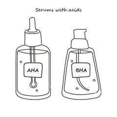 Set of hand drawn serums with AHA- and BHA-acids outline,  isolated vector illustration on white background