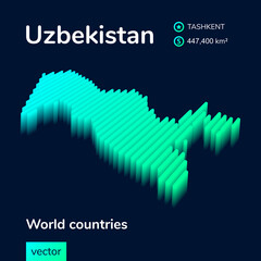 Stylized neon simple digital isometric striped vector Uzbekistan map, with 3d effect.  Map of Uzbekistan is in green, turquoise and mint colors on the dark blue background