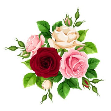 Vector bouquet of burgundy, pink and white rose flowers isolated on a white background.