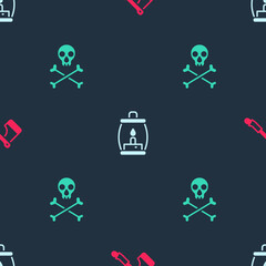 Set Wooden axe, Camping lantern and Skull on crossbones on seamless pattern. Vector