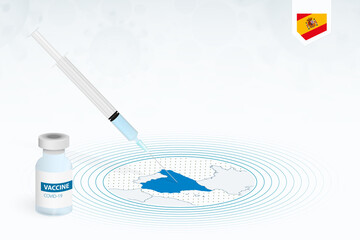 COVID-19 vaccination in Spain, coronavirus vaccination illustration with vaccine bottle and syringe injection in map of Spain.