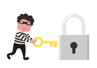Bandit character design. bandit on white background. Padlock and Key vector.