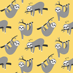 Cute sloth seamless pattern design in yellow and gray. Hand drawn sloth character hanging on the tree. Animal illustration for nursery design, birthday, baby shower design and party decor, print © Wink Images