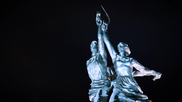 Aerial view of the monument to the worker and the collective farmer. on the background of the Ostankino TV tower. Moscow, night