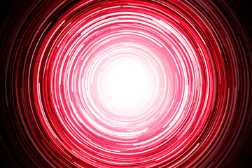 Neon circle lines isolated on black background. Light ring pattern. Colorful led lights long exposure rotation photo. Shiny light source. Cosmos space planet abstraction. Red vortex spiral.