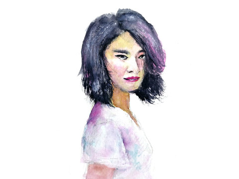 watercolor painting portrait abstact asia woman face.	