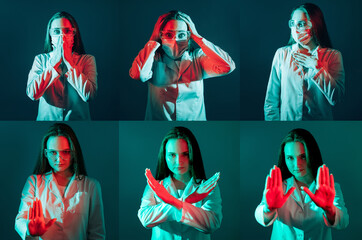 Pandemic restriction. Medic portrait collage. Stop anxiety. Scared female doctor in face mask goggles showing stop gesture in red neon light isolated on blue set of 6.