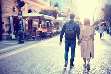 Obraz premium lovers couple budapest walk, spring landscape view capital of hungary, man and woman tourists