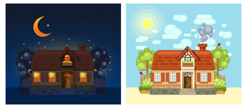 House in the village at night and day. Village house drawn in flat cartoon style. Set of pictures with a cozy house. Vector illustration