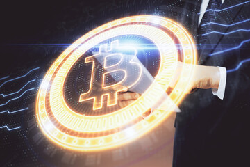 Double exposure of man's hands holding and using a phone and crypto currency blockchain theme drawing.
