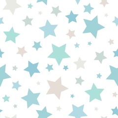 Seamless abstract pattern with little stars of different size and color on white background.