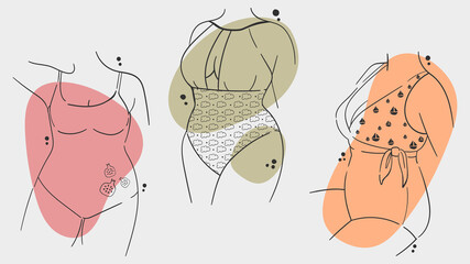 A set of three illustrations with various lovely girls in lingerie, bikinis. Body positive summer minimalist outline drawings. Attractive body parts of girls. Girly backgrounds for social media.