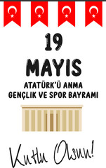 Vector Illustration of "19 Mayis Ataturk'u Anma, Genclik ve Spor Bayrami" Greeting Card Design. English Translation: "May 19 Commemoration of Ataturk, Youth and Sports Day", Turkey.