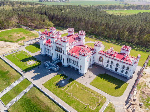 Restored ancient castle-palace of Puslovsky Kossovo, Belarus. Drone aerial shot
