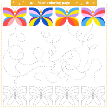  Logic game for children. Go through the maze and color the butterflies