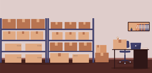 Warehouse: racks with boxes and workplace of warehouse manager, storekeeper or warehouse worker.Tape dispenser on desk with laptop, shelf with folders and cactus.Cozy place of work.Raster illustration