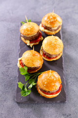 buffet table with mini hamburger - obrazy, fototapety, plakaty