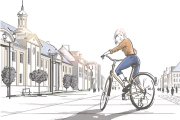 Poster woman riding a bicycle in the city. © Ornavi