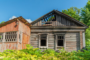 old rickety wooden house abandoned after a fire