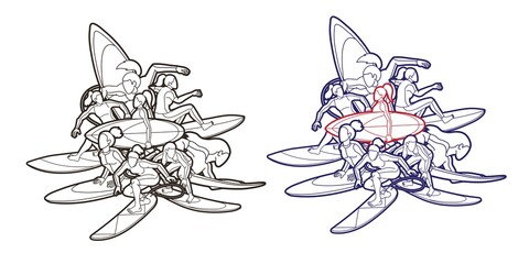 Naklejka premium Surfing Sport Surfer Woman Players Action Cartoon Graphic Vector