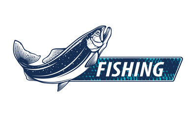 Salmon fishing  logo. Rainbow trout fish club emblem. Fishing theme illustration. Isolated on white.