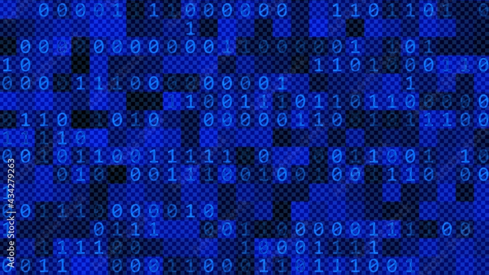 Poster digital screen abstract graphic background - binary code on mosaic of square elements with random ch