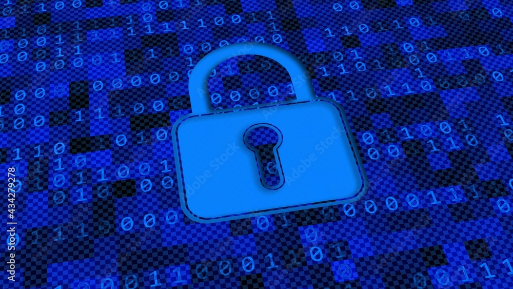 Poster digital screen abstract graphic background - closed padlock over binary code on mosaic of square ele